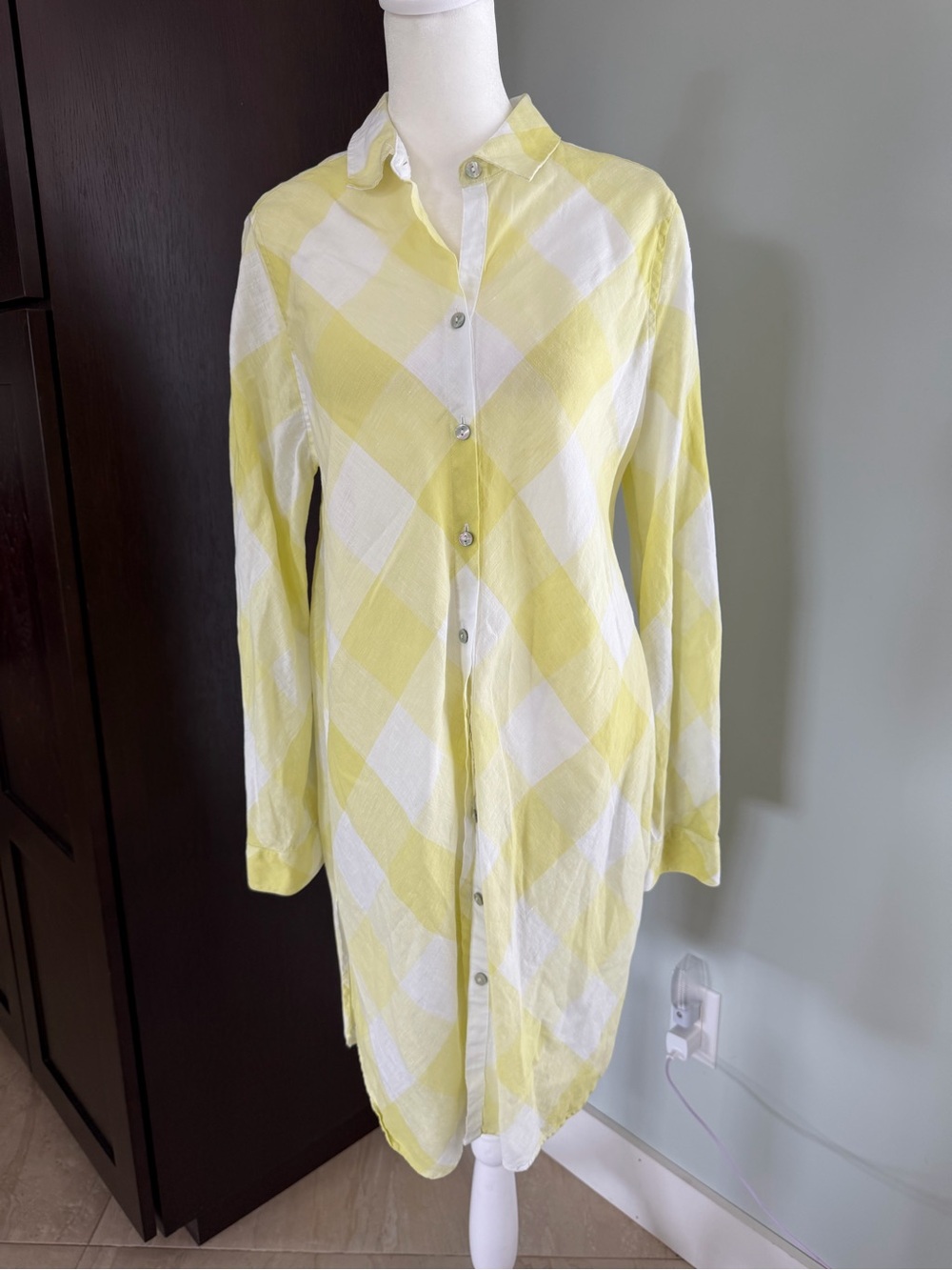 Chico's No Iron Linen Gingham Shirt Dress Yellow White Size 0.5 US Small resort